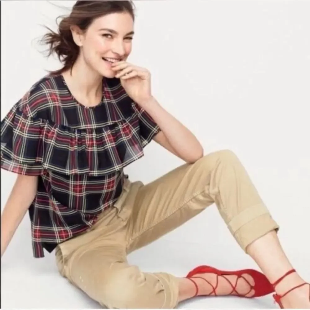 J Crew Edie Stewart Plaid Ruffle Top Black Red Green SIZE 2 Blouse Tartan Top